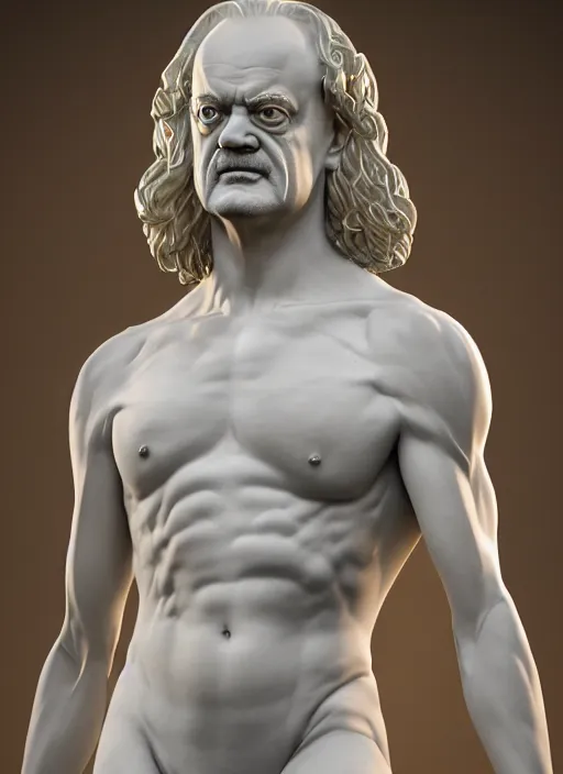 Image similar to a statue made of white marble with gold veins, of kelsey grammer as frasier crane with fittonias, transhumanism, full body shot, perfect symmetrical body, perfect symmetrical face, hyper realistic, hyper detailed, by johannen voss, by peter kemp, by alex grey, octane render, blender, 8 k