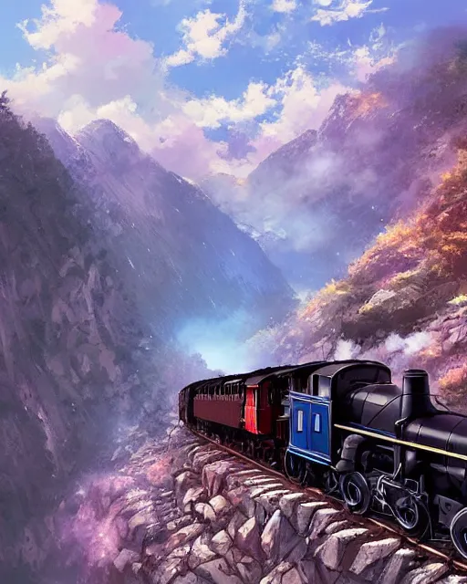 Image similar to a steam train on a mountainside, by makoto shinkai, stanley artgerm lau, wlop, rossdraws