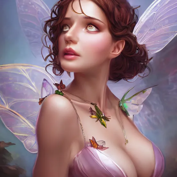 Prompt: portrait of a Fairy with big butterfly wings and a nice cleavage,breast covered by leaf, D&D, fantasy, highly detailed, digital art, artstation, smooth, sharp focus, illustration, art by Peter Tang and artgem