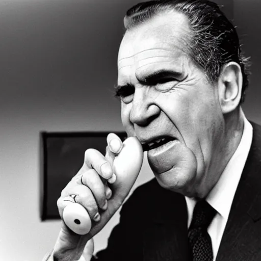 Prompt: Richard Nixon eating a hotdog, hyper realistic, HD, HQ, photo realistic