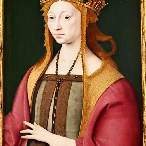 Prompt: a renaissance style portrait painting of an animal, wearing a crown and cape, dark background