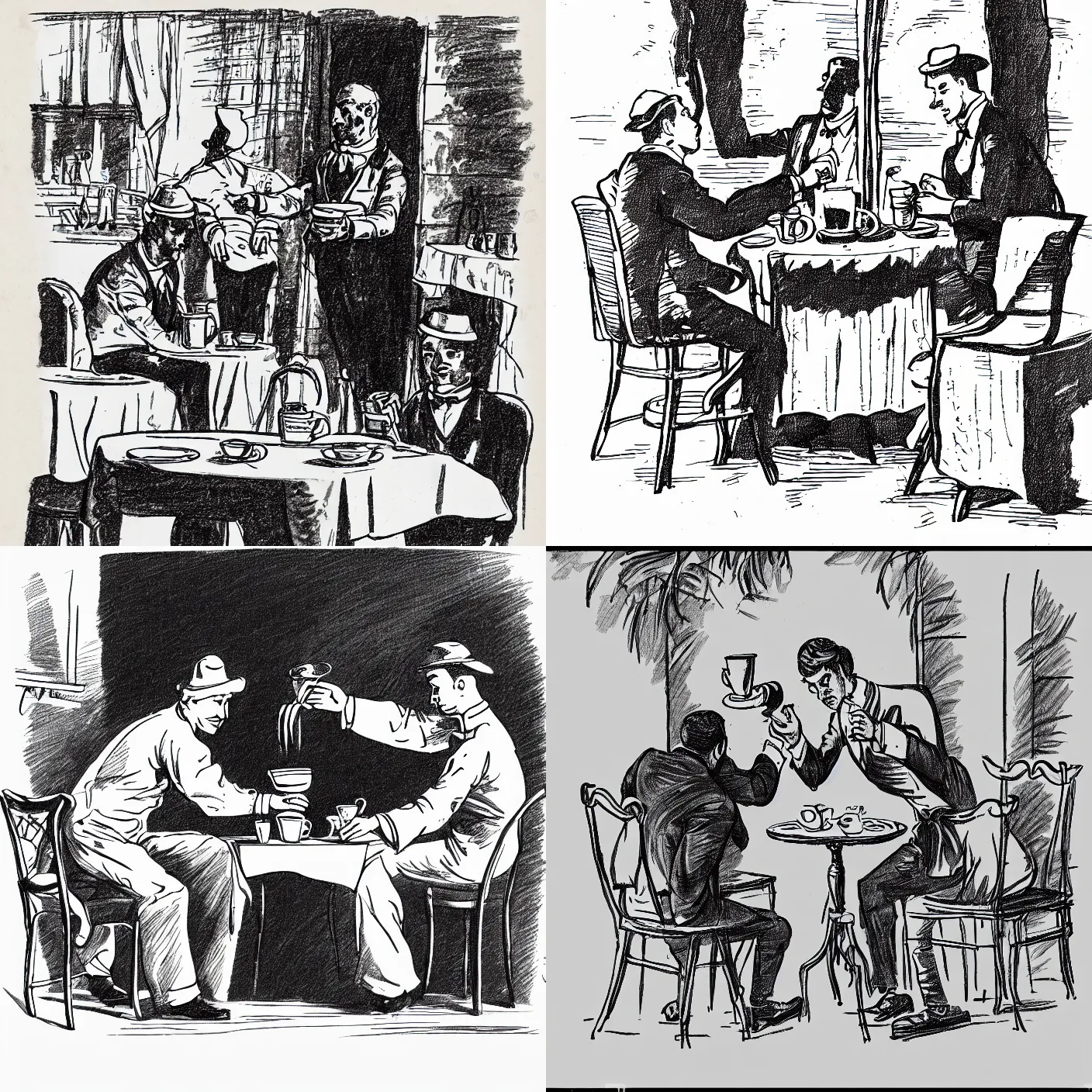 Prompt: a waiter serving coffee to a man seating. line drawing. vignette. newspaper drawing style. detailed. hq.