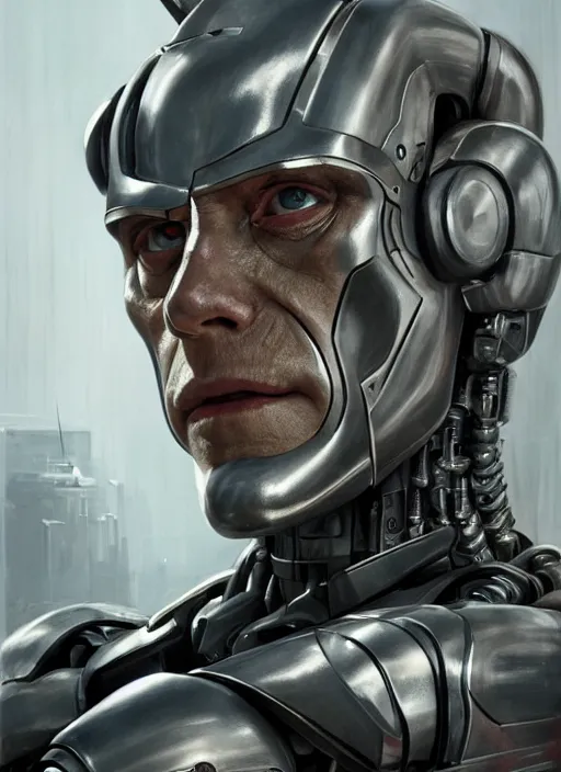 Image similar to portrait of willem dafoe as tinman, cyborg, borg, android, strogg, face of a man, robocop, cable, victor stone, ultron, terminator, machine, flesh, quake, doom demon, wolfenstein, monster, symmetry, symmetrical, concept art by ruan jia and greg rutkowski