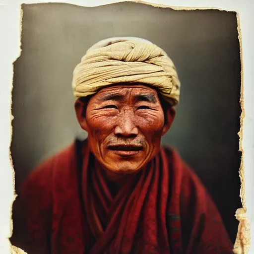 Prompt: ultra realistic vintage photo portrait of a tibetan man with a big hole on the forehead, by Annie Leibovitz,