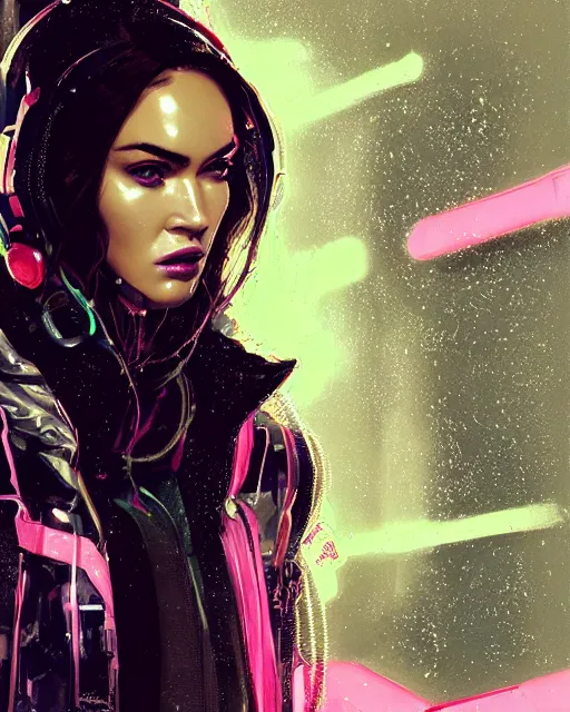 Image similar to detailed portrait megan fox neon operator girl cyberpunk futuristic neon reflective puffy coat, decorated with traditional japanese ornaments by ismail inceoglu dragan bibin hans thoma greg rutkowski alexandros pyromallis nekro rene margitte illustrated perfect face, fine details, realistic shaded, fine - face, pretty face