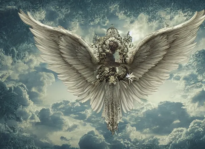 Prompt: a 3 d scene of an angelic apache fighter jet with swan wings with ornate rococo patterns flying over an enchanted forest, solarpunk, fantasy art