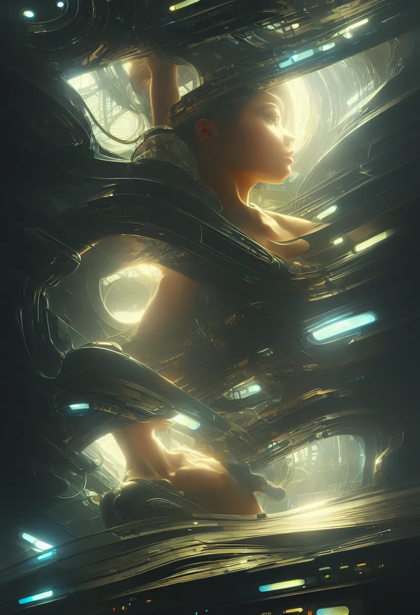 Image similar to futuristic machine code and programming language, extremely high fidelity, 8 k, super resolution, cinematic view, super resolution, epic, hyperdetailed, digital painting, artstation, concept art, smooth, sharp focus, octane render, dramatic lighting, art by artgerm and greg rutkowski and alphonse mucha and wlop