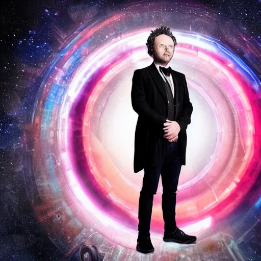 Image similar to a full body photograph of michael sheen as'doctor who ', time vortex in the background, detailed face, symmetrical face, extreme realism and detail, 8 k, completely framed, direct lighting, 3 5 mm photo, photorealistic, sharp focus
