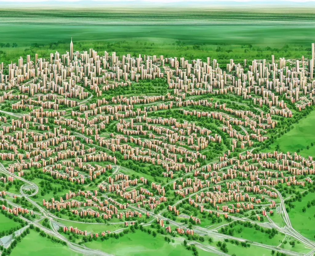 Prompt: bishkek city in the 2 0 3 3 year, with 1 0 0 meters building in the center of area, with yurts around the center, yurts are surrounded by green trees and big mushrooms, each yurt has several water barrels at the top, each yurt is surrounded by wind generator and solar panel, highly detailed drawing