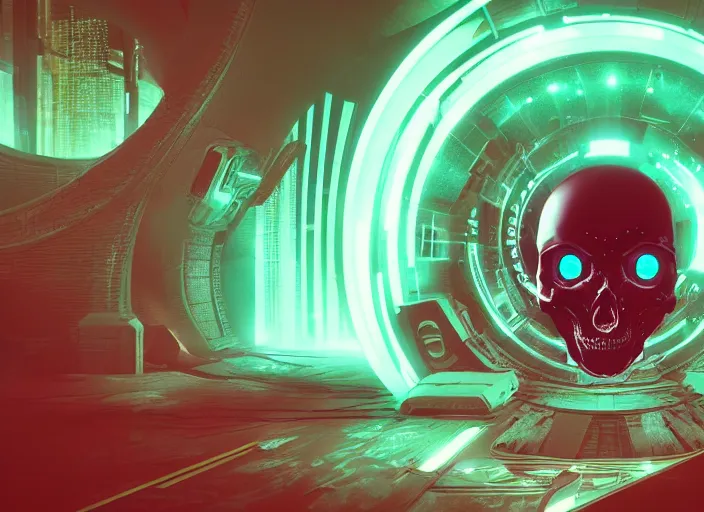 Prompt: a futuristic skull with glowing eyes and a wormhole tunnel, cyberpunk art by beeple, behance contest winner, computer art, darksynth, synthwave, rendered in cinema 4 d