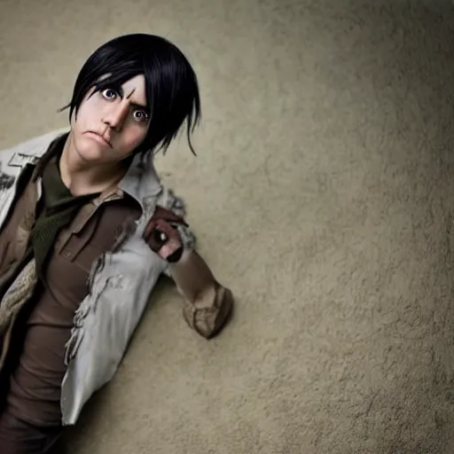 Prompt: cosplay of Eren Jaeger from Attack on Titan with tattered clothes. photograph. high-quality.