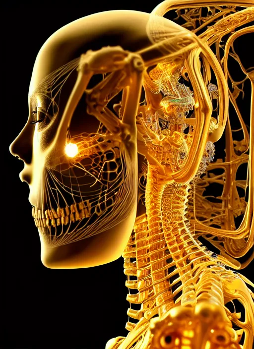 Image similar to fractal female golden mechanical skeleton with beautiful human face, wires, glowing internal light, hyperdetailed, by alex grey, intricate linework, faberge, intricate gold linework, dark atmosphere, unreal engine 5 highly rendered, global illumination, radiant light, detailed and intricate environment