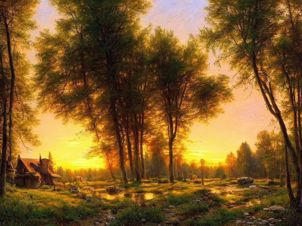 Prompt: beautiful landscape house in the village summer, evening, sun is going down warm color palette natural lighting, soft light, artstation high detailed, melancholy pastel art, oil on canvas by ivan shishkin and gilbert williams