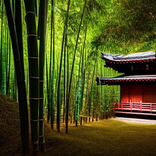 Image similar to photo of a small Japanese temple hidden in a bamboo forest, cinematic, light rays, beautiful, 8k,