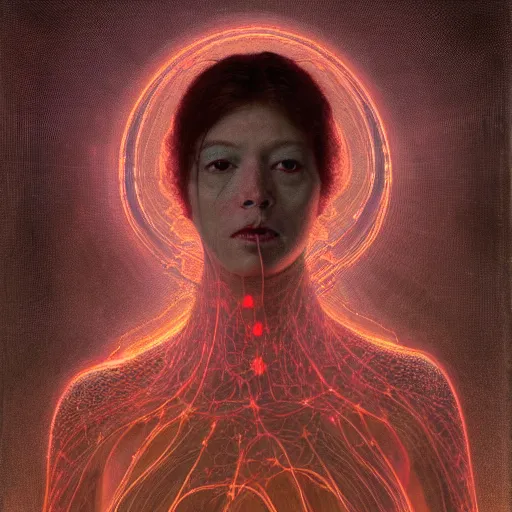 Image similar to portrait of a woman, covered in transparent cloth, glowing streaks of light, plastic, glowing eyes, flat background, Masterpiece, glowing, wires everywhere, by Edgar Maxence and Ross Tran, Zdzisław Beksiński, and Michael Whelan, distant, gustav dore, H.R. Giger, 8k, octane render