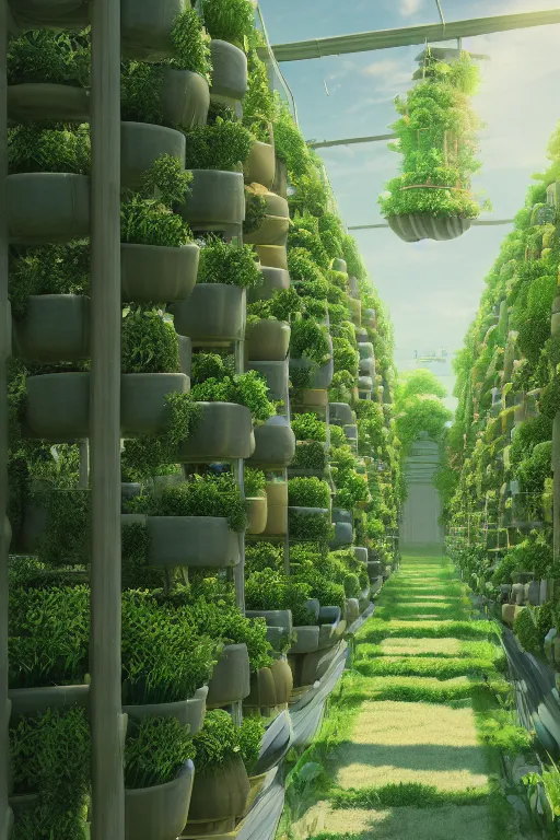 Image similar to vertical agriculture, solarpunk, studio ghibli, octane render, 4 k