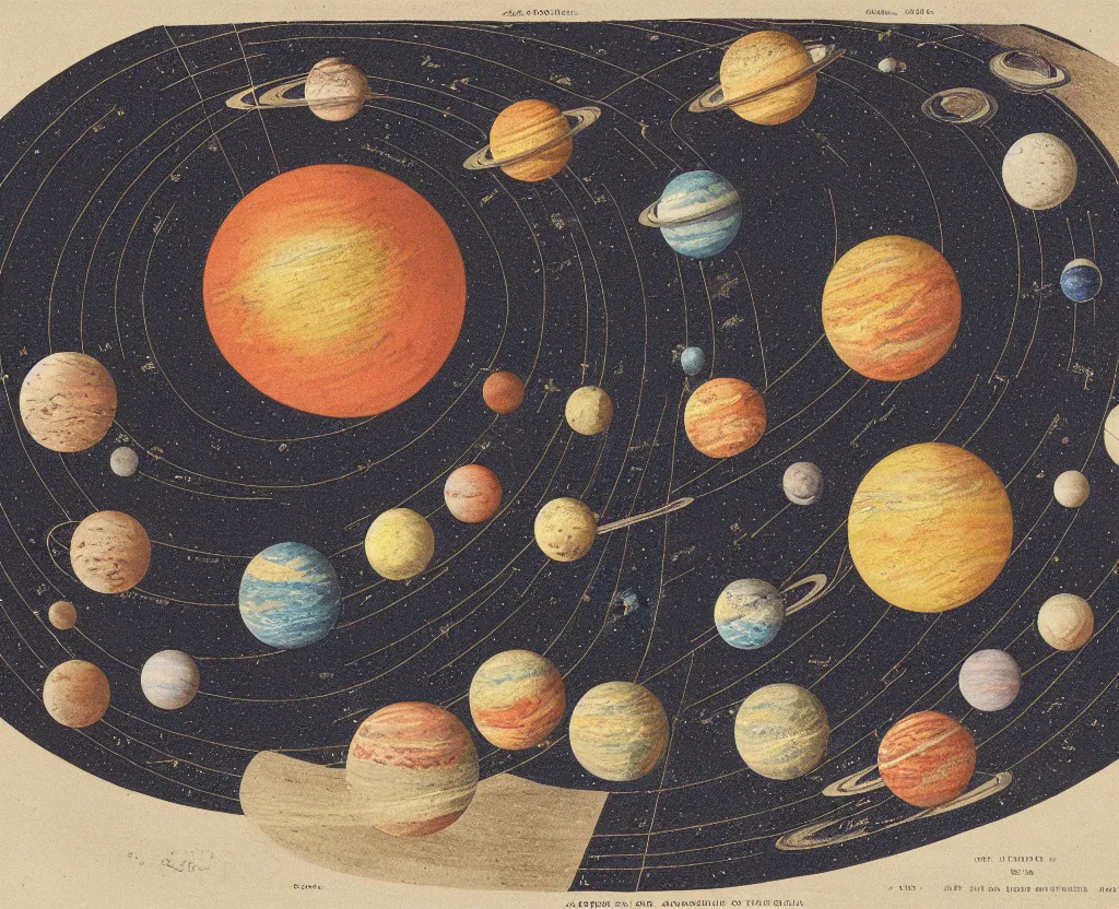 Prompt: color lithograph the solar system by adolphe millot, highly detailed