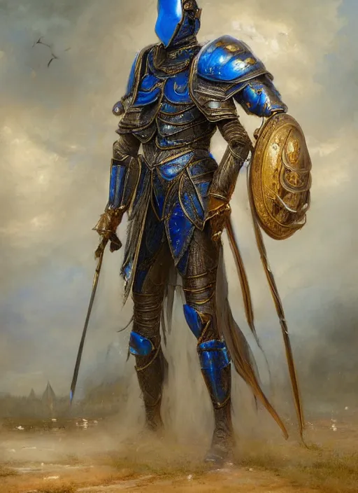 Prompt: formal portrait of a humanoid locust warrior wearing plate armor with blue embroidered cloak, long antennae, fantasy, digital art by eugene de blaas, ross tran, and nasreddine dinet, vibrant color scheme, intricately detailed, in the style of romanticism, cinematic, artstation, greg rutkowski