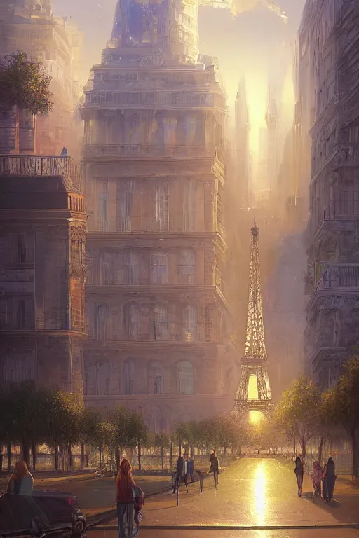 Image similar to paris in the future, ultradetailed, volumetric lighting, digital painting, concept art, illustration, limited color palette, art by greg olsen and liz lemon swindle