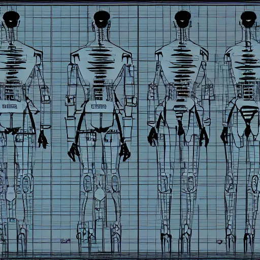 Image similar to T-posing image of a cybernetically augmented human male, monochrome, medium: pencil, technical drawing, blueprints, detailed