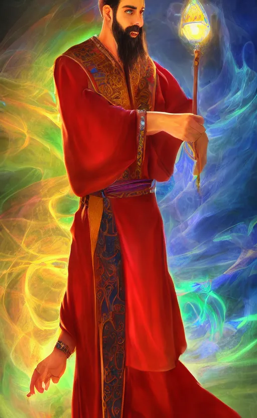 Image similar to a charming sorcerer tailor of middle - eastern descent, dressed in fine colorful robes and sporting a goatee, smirking, fantasy digital painting by barret frymire by artem priakhin, high resolution 4 k