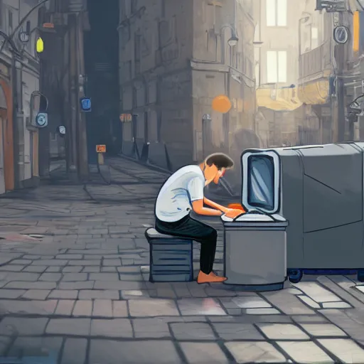 Prompt: a bum using laptop near trashcans, concept art, highly detailed, intricate, sharp focus, digital art, 8 k