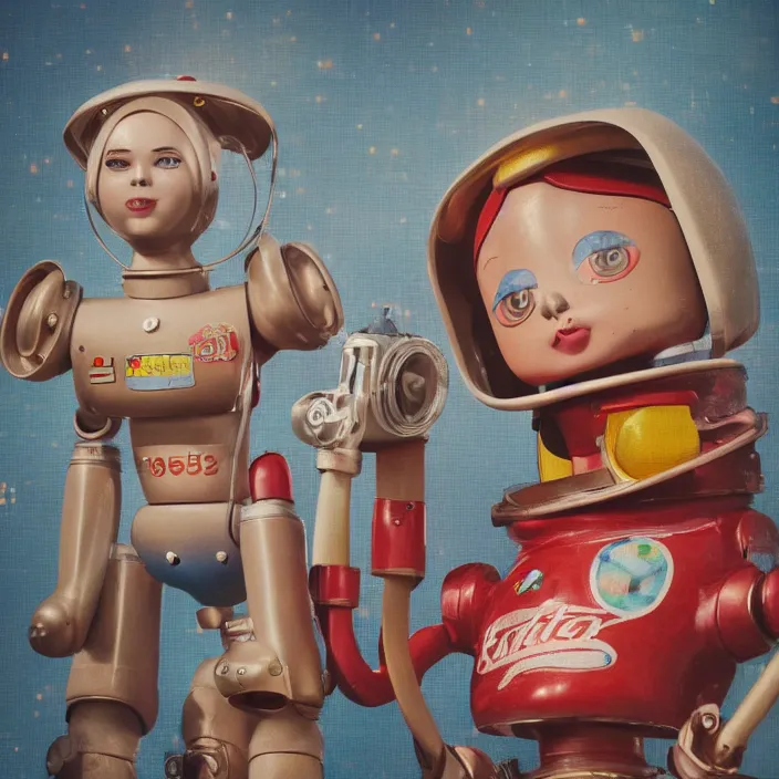 Image similar to portrait of a retro 1 9 5 0 s tin toy robot spacegirl wearing a bikini, depth of field, zeiss lens, detailed, symmetrical, centered, fashion photoshoot, by nicoletta ceccoli, mark ryden, lostfish, breathtaking, 8 k resolution, extremely detailed, beautiful, establishing shot, artistic, hyperrealistic, octane render
