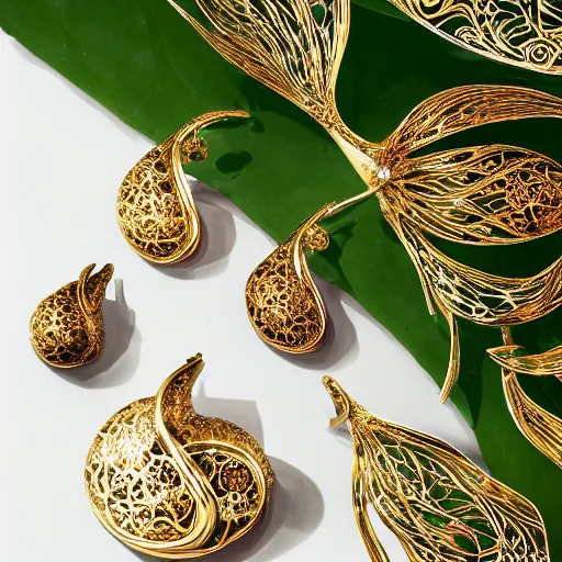 Image similar to jewellery with filigree faberge orchid betta whiplash forest liquid lightshow twisted organic natural forms designed by kilian eng and william morris, gold and jade, studio photography beautiful set up