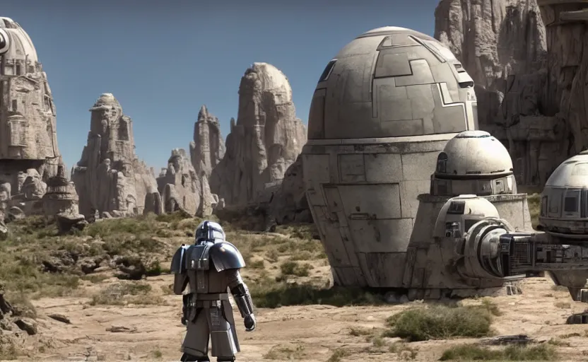 Prompt: still image screenshot floating boulder planet, castles floating in mid air, jedi temples from the tv show mandalorian on disney +, scene with at - at imperial walkers, anamorphic lens, 3 5 mm film kodak