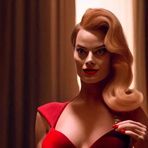 Image similar to Margot Robbie as Jessica Rabbit, still from a live action movie, 50mm, f2.8, panavision, cinematography