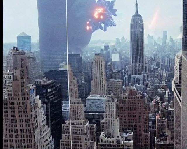 Image similar to [alien invasion] ufo footage spotted at new york city. there is explosions all over the city. 9/11 inspired. archangel michael inspired by an alien.