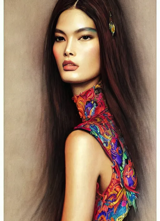 Prompt: A beautiful portrait of Sui He as a Versace fashion model Spring/Summer 2012, digital art by Eugene de Blaas and Ross Tran, vibrant color scheme, highly detailed, in the style of cinematic, Getty Milan fashion week backstage , Greg rutkowski