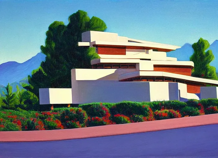 Image similar to painting of a frank lloyd wright house in front of beautiful mountains by wayne thiebaud