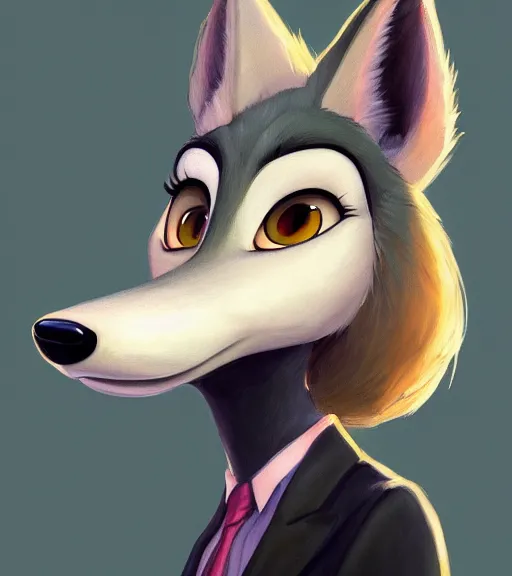 Image similar to oil painting of anthromorphic female wolf, in style of zootopia, zootopia, zootopia, fursona, furry, furaffinity, 4 k, deviantart, furry art, fursona art, wearing black business suit, business suit, in style of zootopia, wolf fursona, cyberpunk, female, expressive detailed feminine face,