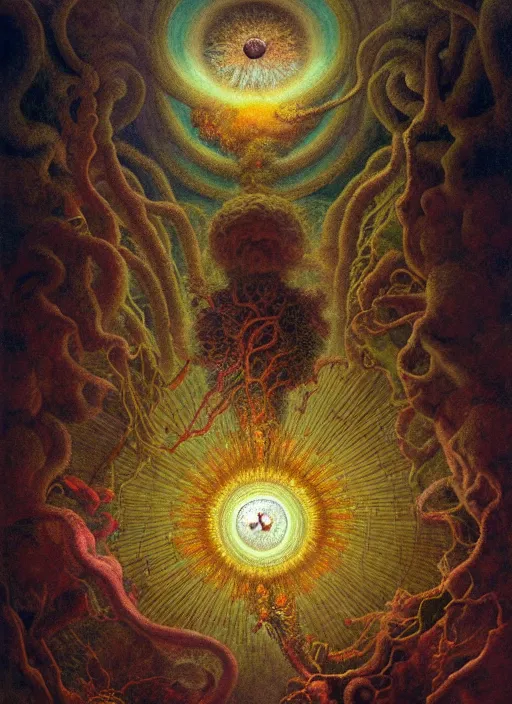 Prompt: antediluvian occult cosmology, panspermia, by robert hooke and ernst haeckel and agostino arrivabene and joaquin sorolla, rule of thirds, vivid colours, atmospheric, digital painting, artstation, concept art, smooth, sharp focus, negative space, illustration, digital painting