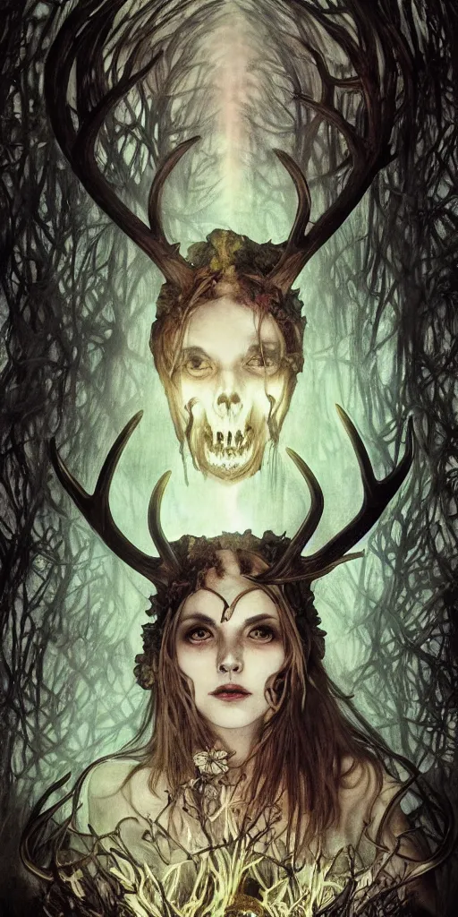 Image similar to intense glowing black metal pagan god with antlers and fangs and intense glowing eyes with a goat skull in very dark forest by marco mazzoni and alphonse mucha, portrait, fantasy, clear, light beams, lens flare, intense, uhd, amazing depth, cinematic lighting