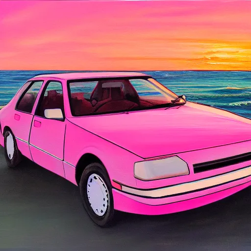 Image similar to an old 1 9 8 0 s car parked off the road, sunset, ocean in distance, pink, oil painting, pale colors, high detail, 8 k, wide angle, trending on artstation,