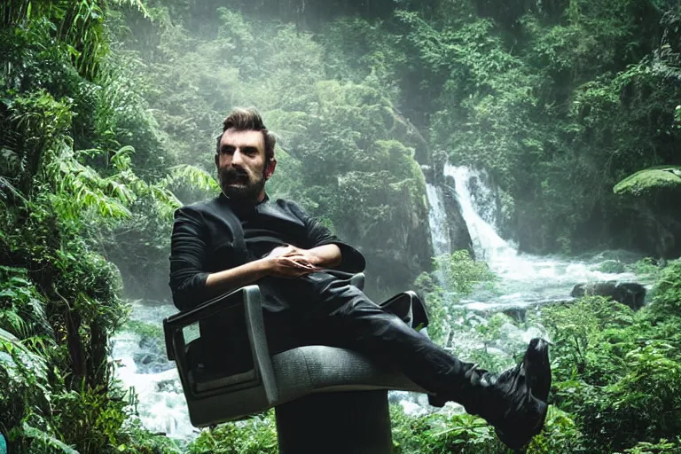 Image similar to movie closeup young man with a grey beard in a cyberpunk suit sitting on a futuristic chair at the edge of a jungle waterfall by emmanuel lubezki