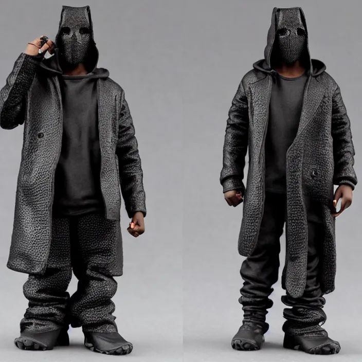 Image similar to kanye west using a black mask with small holes, a black shirt, a black undersize hoodie and black rubber boots, a hot toys figure of kanye west using a black mask with small holes, a black shirt, a black undersize hoodie and black rubber boots, figurine, detailed product photo