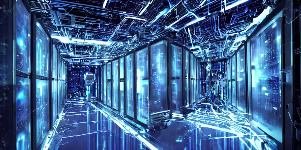 Image similar to futuristic robot in data center server palace high details shot cyberpunk retrowave shot from michael bay movie