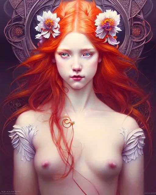 Prompt: Beautiful, naughty and playful ethereal ginger portrait, art nouveau, fantasy, intricate flower designs, elegant, highly detailed, sharp focus, art by Artgerm and Greg Rutkowski and WLOP