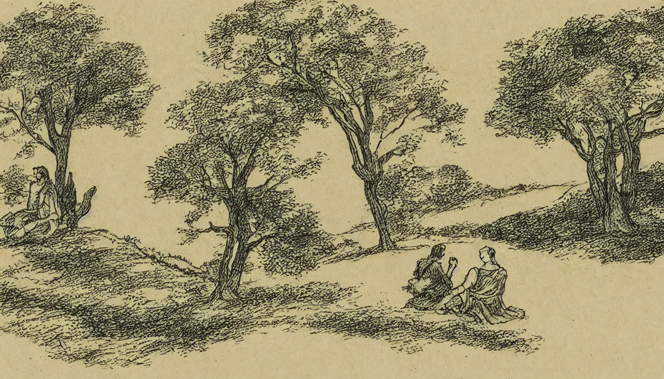 Image similar to two people sit together on a hill while wind blows in the trees, yellowed paper, pen and ink, 1 5 0 0 s, 8 k resolution