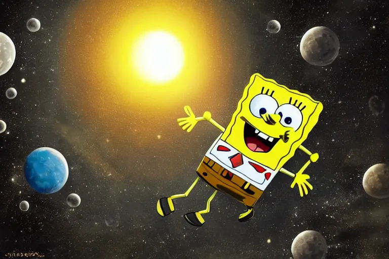 Image similar to Spongebob in spacesuit cosmonaught photorealistic moon surface, high detail, movie poster, lunar, silhouetted