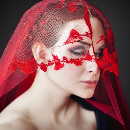 Image similar to Photorealistic photo of woman wearing a red wedding embroidered veil, , dramatic lighting, 88mm lens