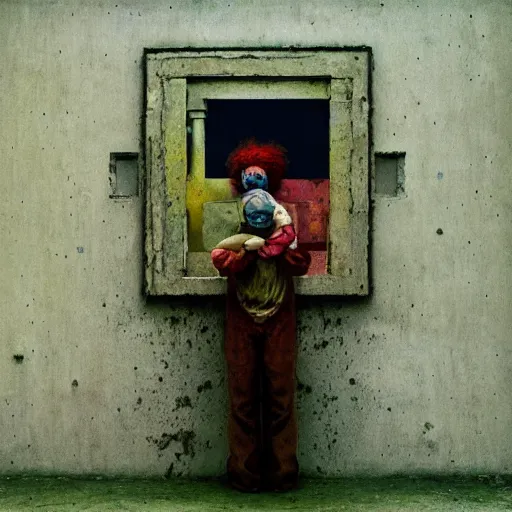 Image similar to a clown holding a baby inside an abandoned hospital, beksinski, dariusz zawadzki, geometric abstract