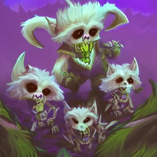 Image similar to cute fluffy animal skeleton creatures. blizzard warcraft animal creatures, graveyard background, bright art masterpiece artstation. 8k, sharp high quality artwork in style of Jose Daniel Cabrera Pena and Leonid Kozienko, violet theme, concept art by Tooth Wu, hearthstone card game artwork