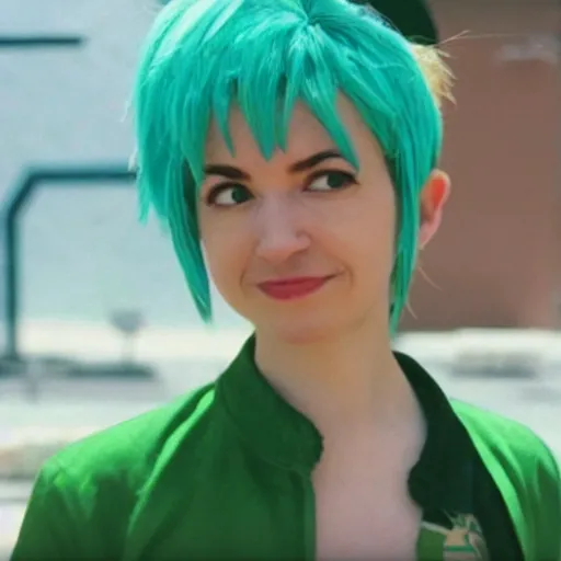 Image similar to “a still of Nathan Fielder as Bulma in Dragon Ball Z”