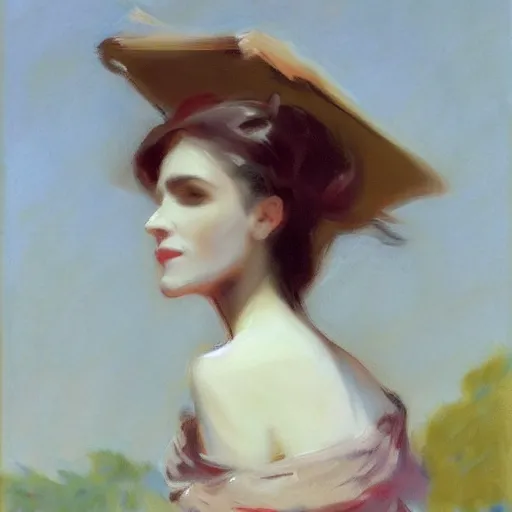 Prompt: a portrait headshot matte painting of beautiful woman in dress walking on street by John Singer Sargent, fine details