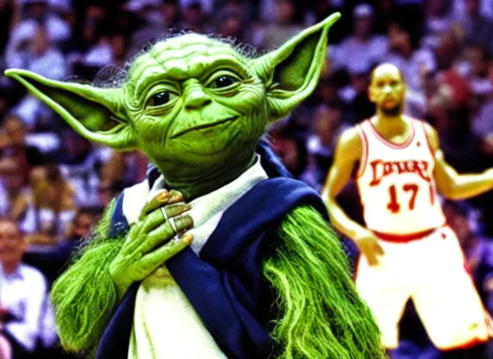 Image similar to ESPN still of Yoda playing in the nba playoffs live on espn, 4k