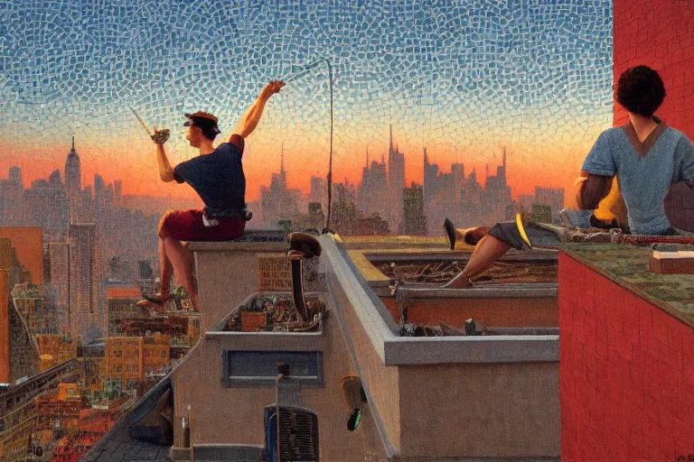 Prompt: painting of a diskjockey in a rooftop, watching new york, beautiful, sunset, romantic, by ludwig deutsch and maxfield parrish, patterned tilework, extremely detailed, cinematic lighting, smooth sharp focus